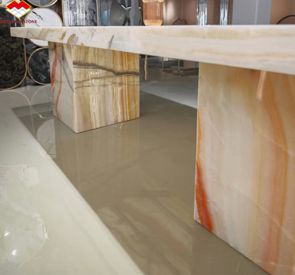 Design de meubles de table de l' hôtel avec pierre naturelle Bookmatched arc-en-ciel Onyx dalle de marbre