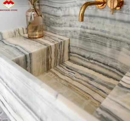 Panneau mural de salle de bain d'hôtel et bassin de vanité avec évier en pierre naturelle marbre onyx