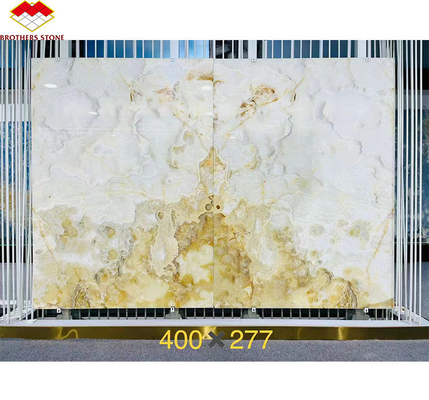 Coupe-à-taille polissée de luxe translucide blanc Onyx dalle de marbre pour le panneau d'art murale de la villa