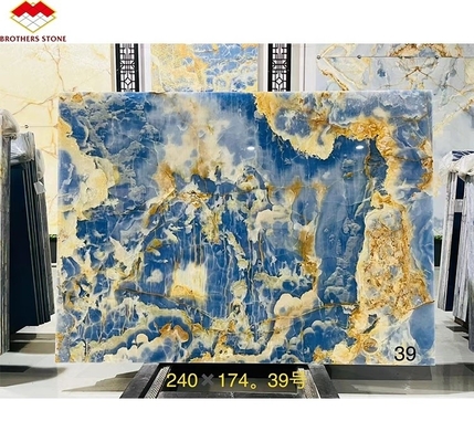 Plaques de pierre bleu-or Onyx Marbre translucide naturel pour le fond de la télévision Panneaux muraux