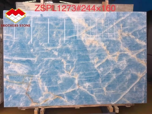 Marbre bleu clair Jade Onyx plaque pour les tuiles taillées sur mesure Veines dorées
