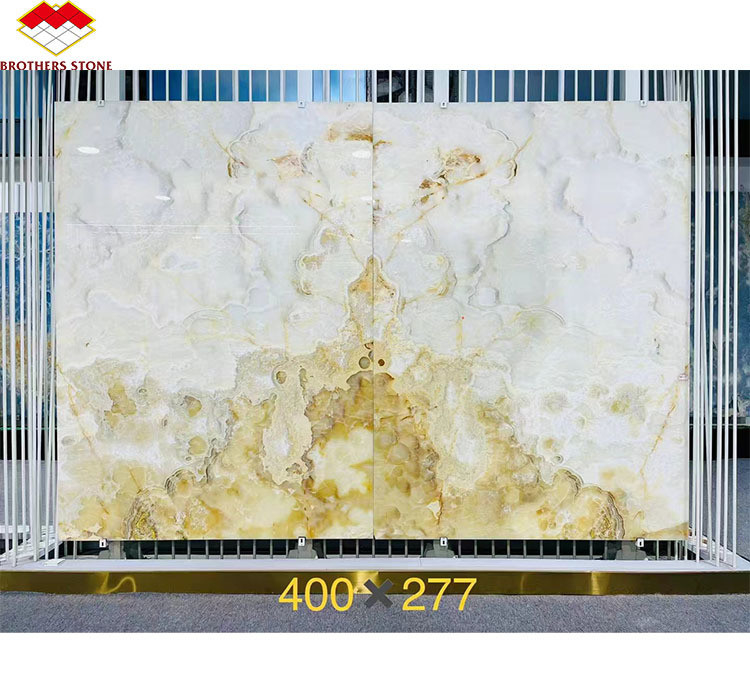 Coupe-à-taille polissée de luxe translucide blanc Onyx dalle de marbre pour le panneau d'art murale de la villa