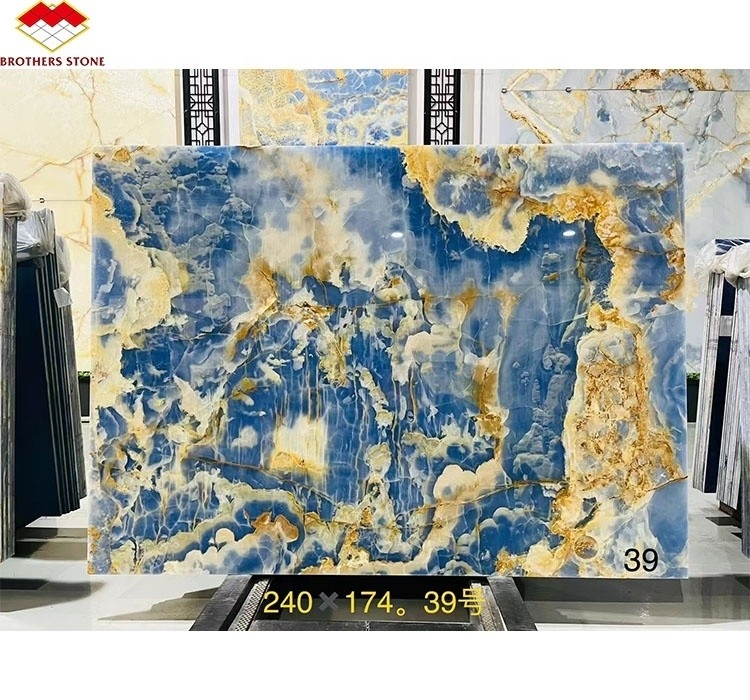 Plaques de pierre bleu-or Onyx Marbre translucide naturel pour le fond de la télévision Panneaux muraux