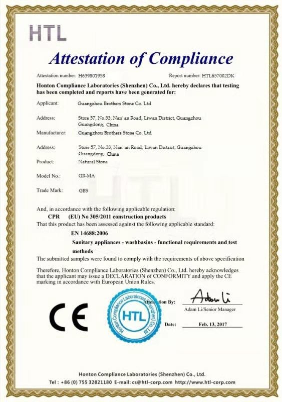 Chine Guangzhou Brothers Stone Co., Ltd. Certifications